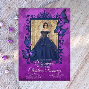 Royal Purple Dark Blue Butterfly Quinceanera  Invitation