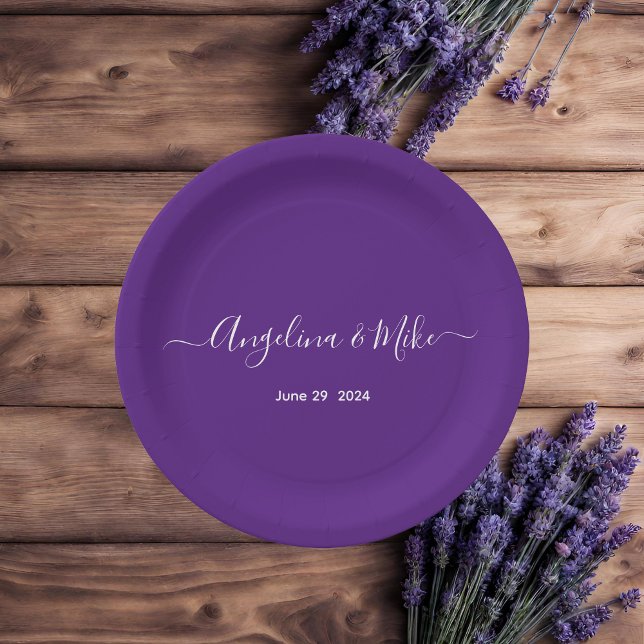 Royal purple - elegant script personalised paper plate (Creator Uploaded)