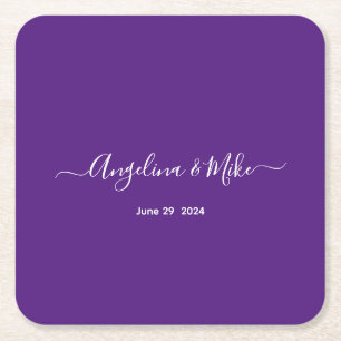 Royal purple - elegant script personalized square paper coaster