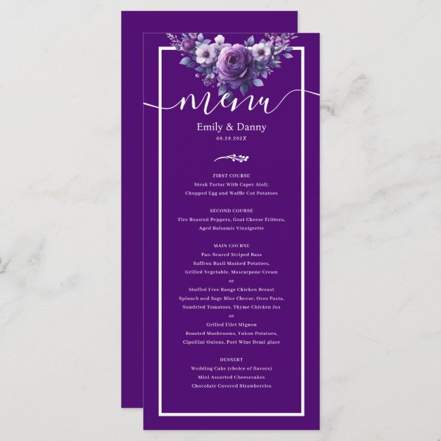 Royal Purple Elegant Violet Botanical Wedding Menu (Front/Back)