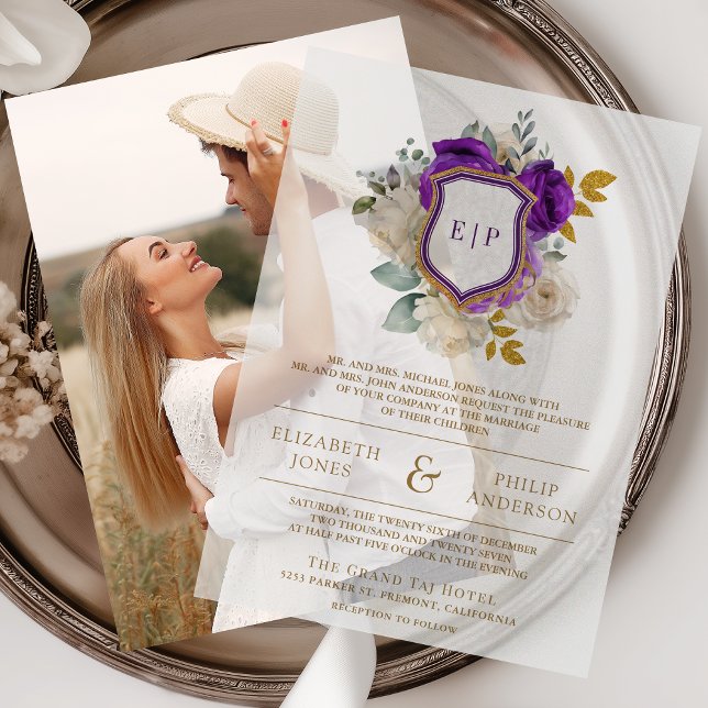 Royal Purple Floral Crest Monogram Wedding Vellum Invitations (Creator Uploaded)