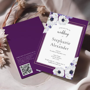 Royal Purple Floral Frame QR Code Wedding Invitation