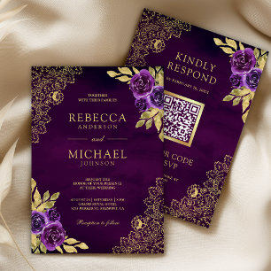 Royal Purple Floral Gold Lace QR Code Wedding Invitation