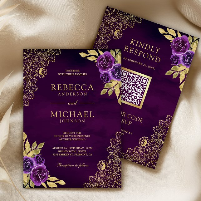 Royal Purple Floral Gold Lace QR Code Wedding Invitation (Creator Uploaded)