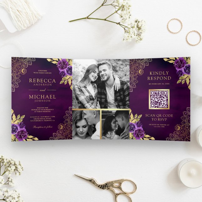 Royal Purple Floral Gold Lace QR Code Wedding Tri-Fold Invitation (Creator Uploaded)