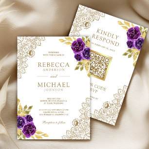 Royal Purple Floral Lace White QR Code Wedding Invitation