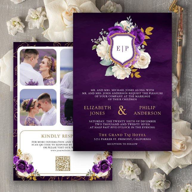 Royal Purple Floral QR Code Photo Crest Wedding Invitation (Creator Uploaded)