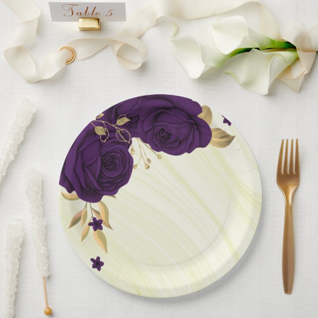 royal purple flowers gold leaves marble paper plate (Wedding)