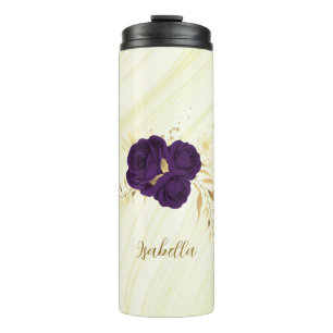 royal purple flowers gold leaves marble thermal tumbler