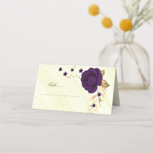 royal purple flowers gold marble place card