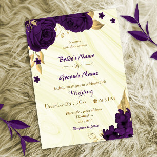royal purple flowers gold wedding invitation