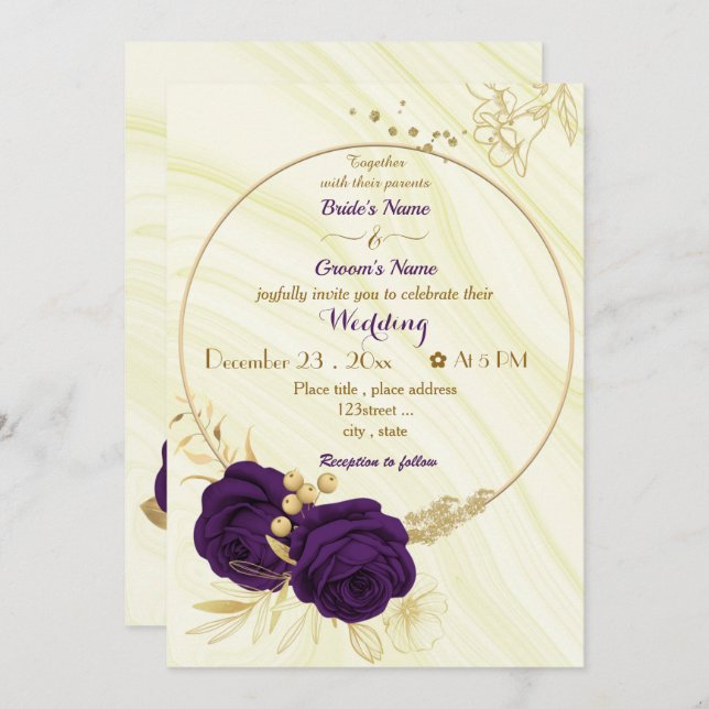 royal purple flowers gold wreath wedding invitation (Front/Back)