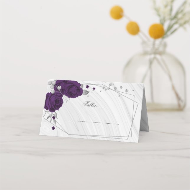 royal purple flowers silver geometric marble  place card (Front)