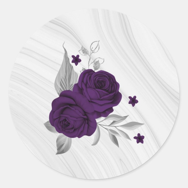 royal purple flowers silver leaves marble classic round sticker (Front)