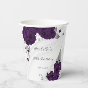 royal purple flowers silver leaves marble paper cups