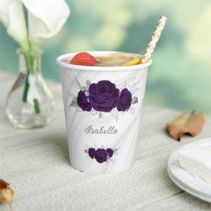royal purple flowers silver leaves marble paper cups
