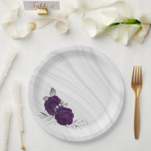 royal purple flowers silver leaves marble paper plate