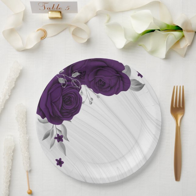 royal purple flowers silver leaves marble paper plate (Wedding)