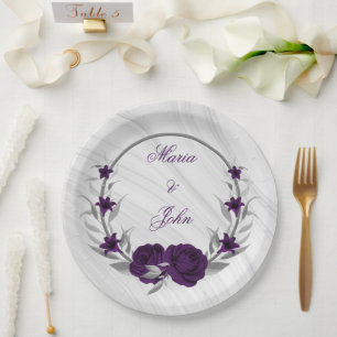 royal purple flowers silver leaves wreath marble paper plate