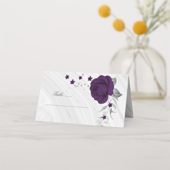 royal purple flowers silver marble place card (Front)