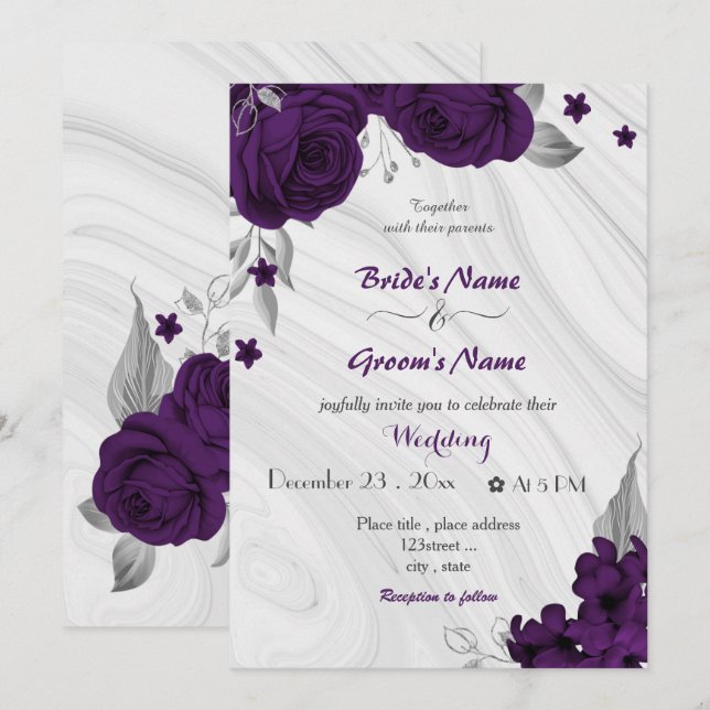 royal purple flowers silver wedding invitation (Front/Back)