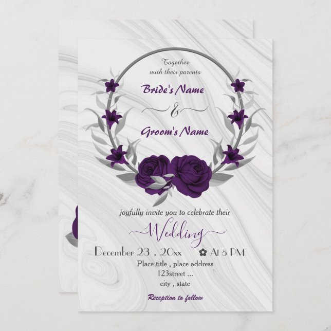 royal purple flowers silver wreath wedding invitation (Front/Back)