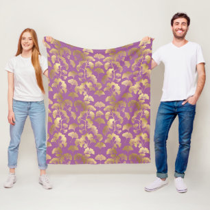 Royal Purple Ginkgo Leaf Luxury Gold Pattern Fleece Blanket