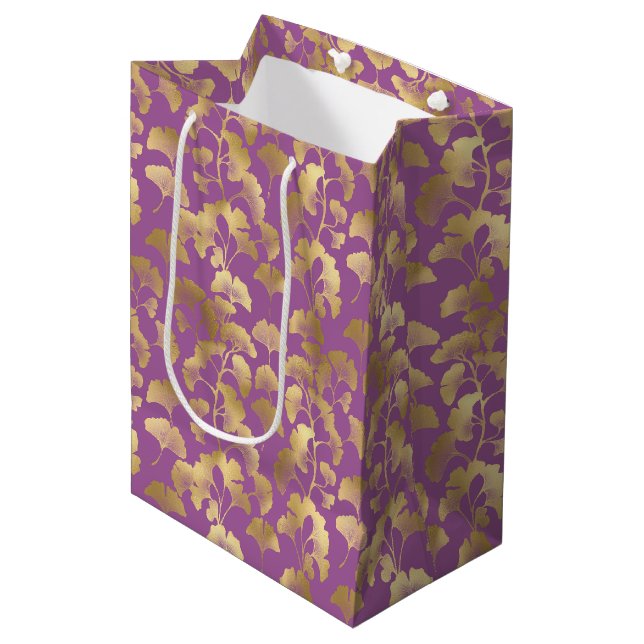 Royal Purple Ginkgo Leaf Luxury Gold Pattern Medium Gift Bag (Front Angled)