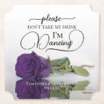 Royal Purple Glam Rose Don't Take My Drink Wedding Paper Coaster<br><div class="desc">This wedding coaster is elegant, stylish, and fun! It features a photo of a single long-stemmed deep royal purple coloured rose lying on its side mirrored in a pool of water. The text reads "Please don't take my drink, I'm dancing" written in modern script lettering. There is space for the...</div>