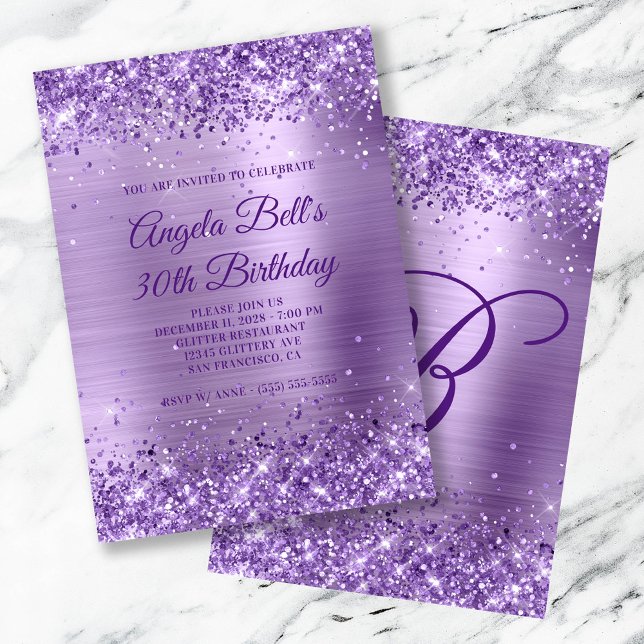 Royal Purple Glitter Brushed Foil 30th Birthday Invitation (Royal Purple Glitter Brushed Foil 30th Birthday Invitation)