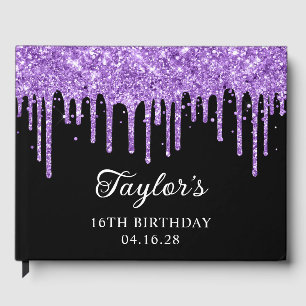 Royal Purple Glitter Drips Black 16th Birthday Guest Book