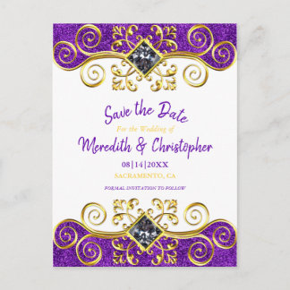 Royal Purple Glitter Gold Gemstone Save the Date Announcement Postcard