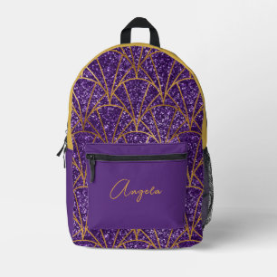Royal Purple Glitter Gold Geometric Deco Name Printed Backpack