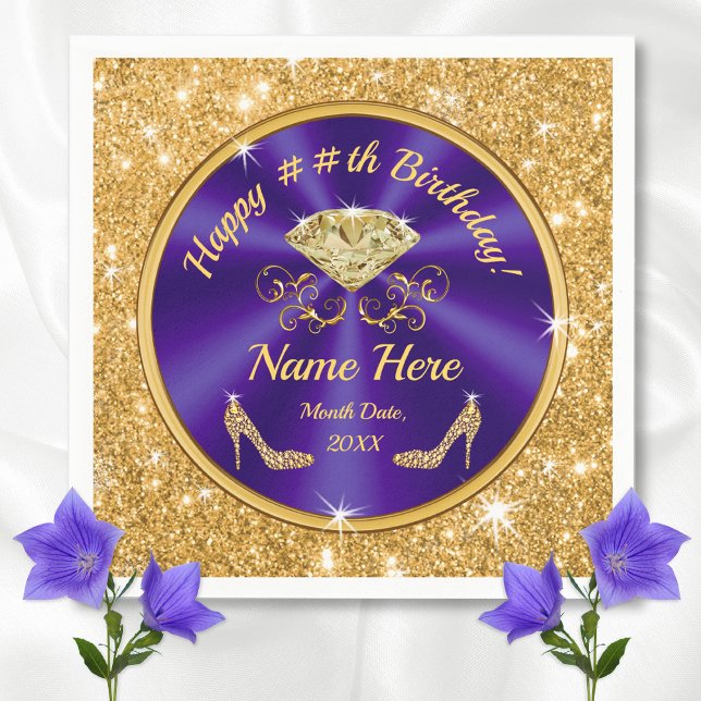 Royal Purple, Gold, Birthday Napkins Personalised (Purple and Gold Birthday Theme. Gorgeous, Purple Birthday Napkins, 3 sizes. Birthday Party Napkins.)