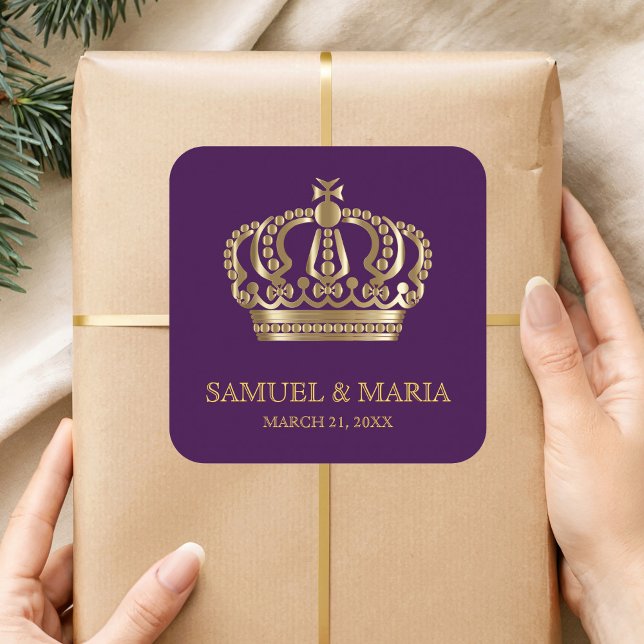 Royal Purple Gold Crown Wedding Favour Square Sticker (Creator Uploaded)