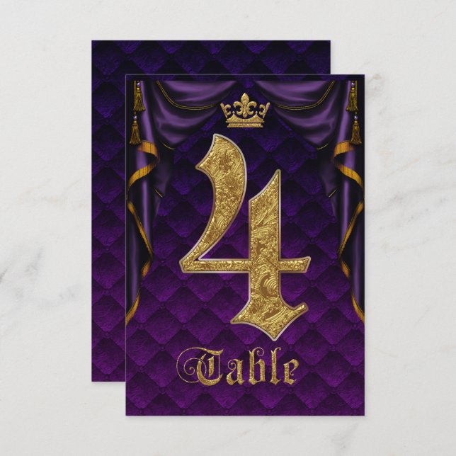 Royal Purple Gold Crown Wedding Table Number 4 (Front/Back)