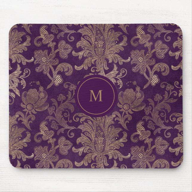 royal purple gold damask monogram mouse pad (Front)