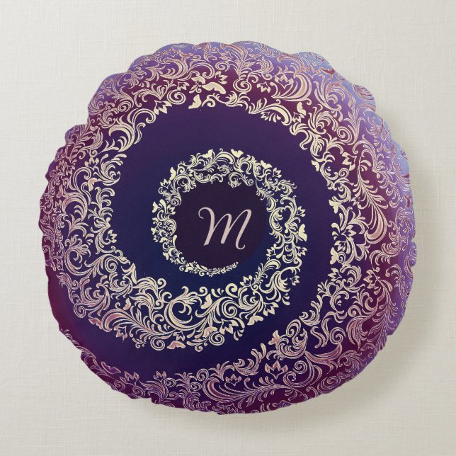 Royal Purple & Gold Damask Monogram Round Cushion (Front)
