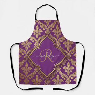Royal Purple Gold Damask Pattern Fleur Monogram Apron
