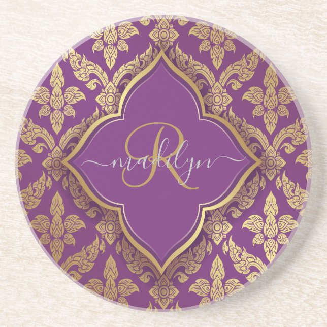 Royal Purple Gold Damask Pattern Fleur Monogram Coaster (Front)