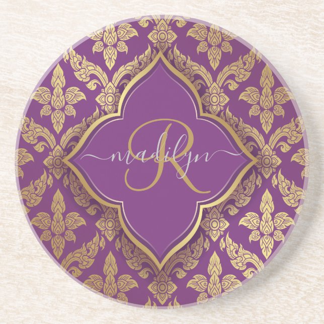 Royal Purple Gold Damask Pattern Fleur Monogram Coaster (Front)