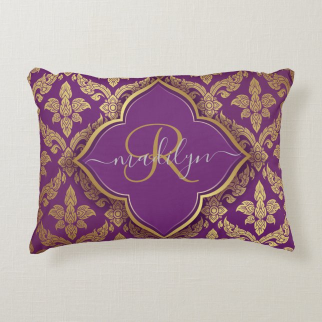 Royal Purple Gold Damask Pattern Fleur Monogram Decorative Cushion (Front)