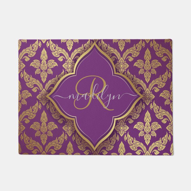 Royal Purple Gold Damask Pattern Fleur Monogram Doormat (Front)
