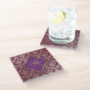 Royal Purple Gold Damask Pattern Fleur Monogram Glass Coaster