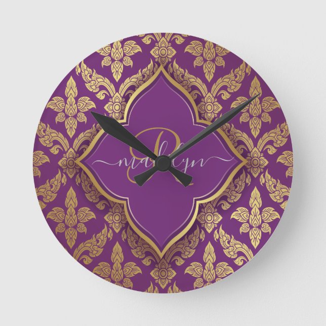 Royal Purple Gold Damask Pattern Fleur Monogram  Round Clock (Front)