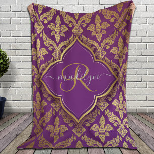 Royal Purple Gold Damask Pattern Fleur Monogram Sherpa Blanket