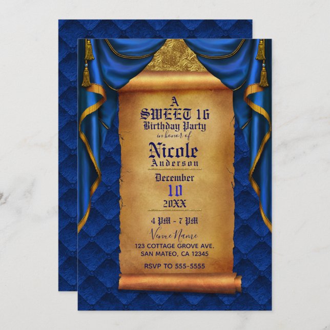 Royal Purple & Gold Drapes Scroll Birthday Party Invitation (Front/Back)