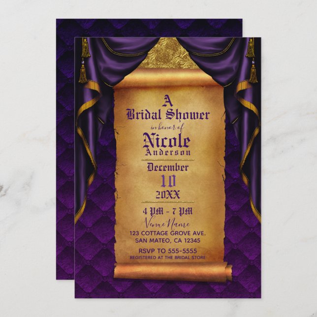 Royal Purple & Gold Drapes Scroll Bridal Shower Invitation (Front/Back)