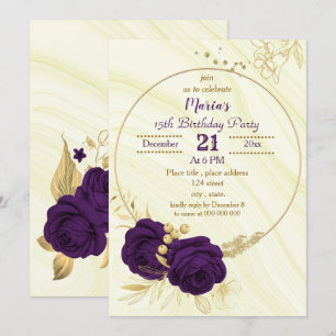 royal purple gold floral geometric birthday party  invitation