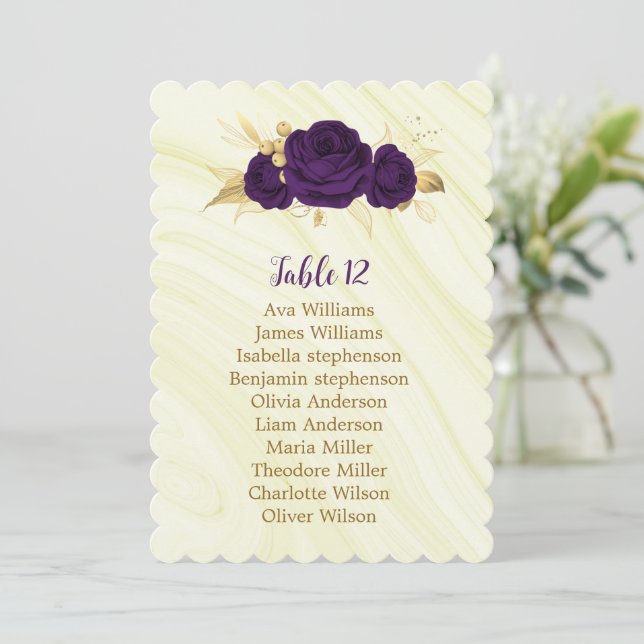 royal purple gold floral geometric seating chart invitation (Standing Front)